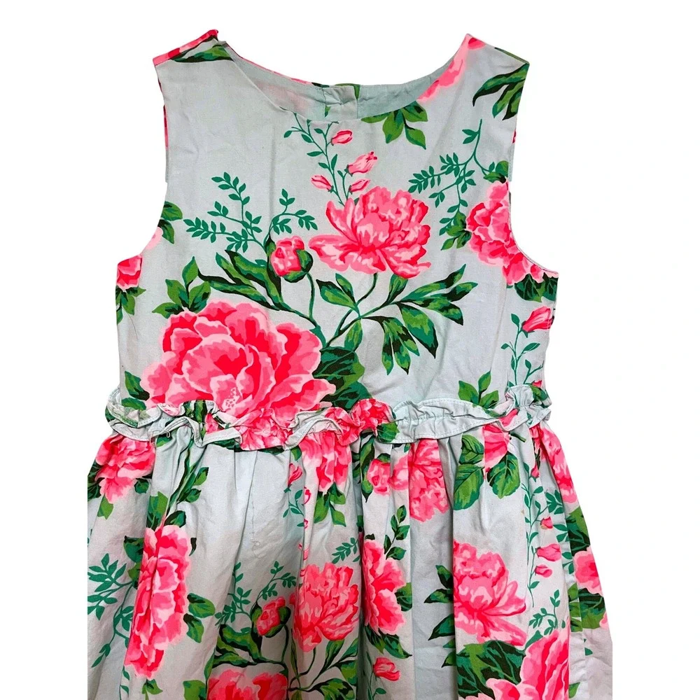 Gymboree Cotton Dress Blue Pink Peony‎ Floral Ruffle Party Size 7 EUC